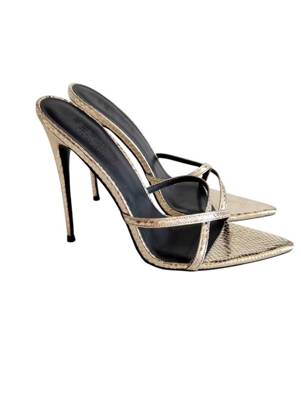 Femme Los Angeles Donatella Mules Gold Faux Snakeskin High Stilleto Heels sz 39